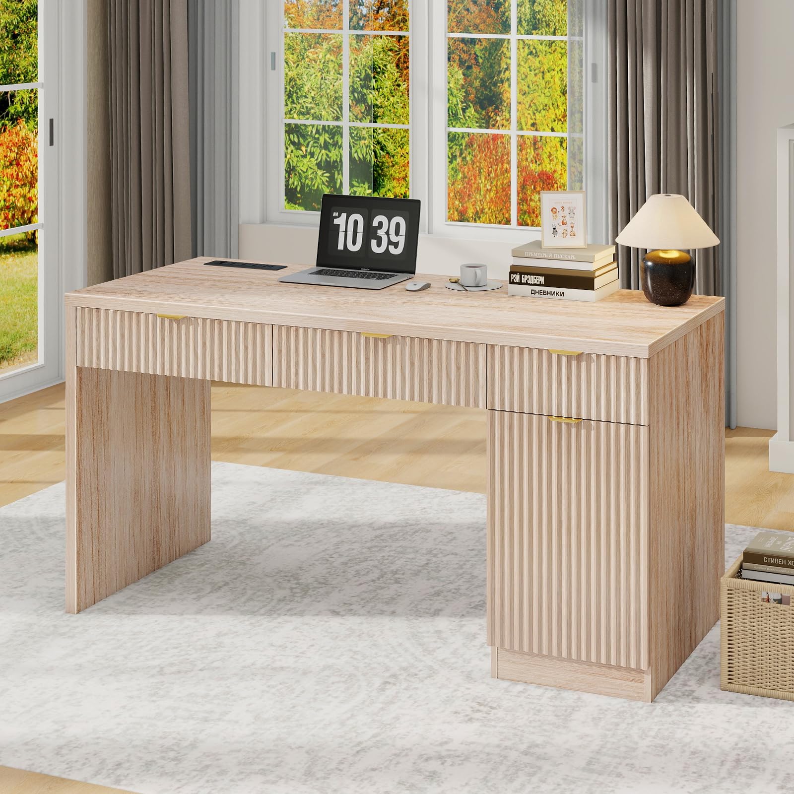 60" Executive Desk with Fluted Drawers and Charging Station