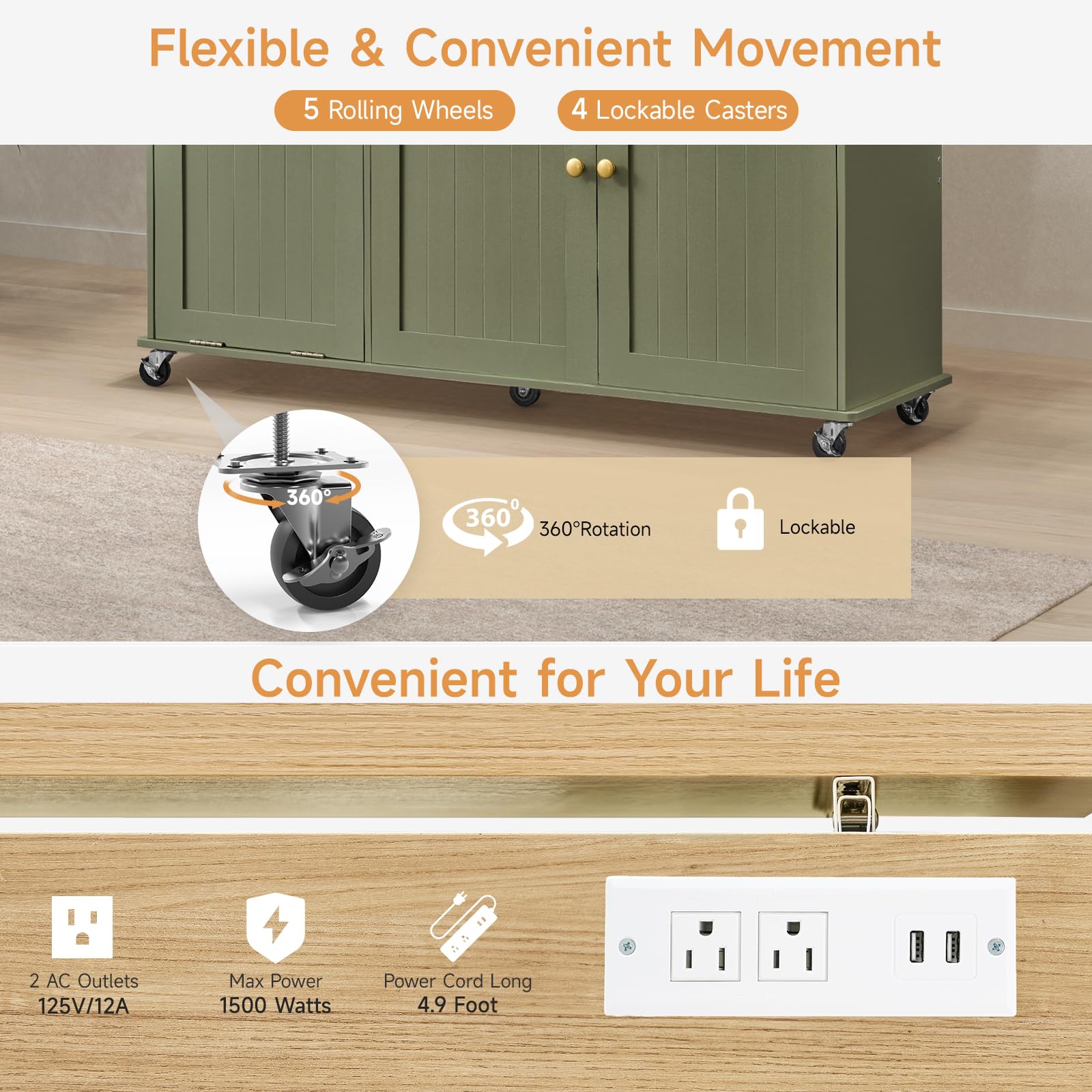 Kitchen Island with Power Outlet and Drop Leaf