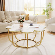 White and Gold Coffee Table with Flower-Shaped Marble Tabletop