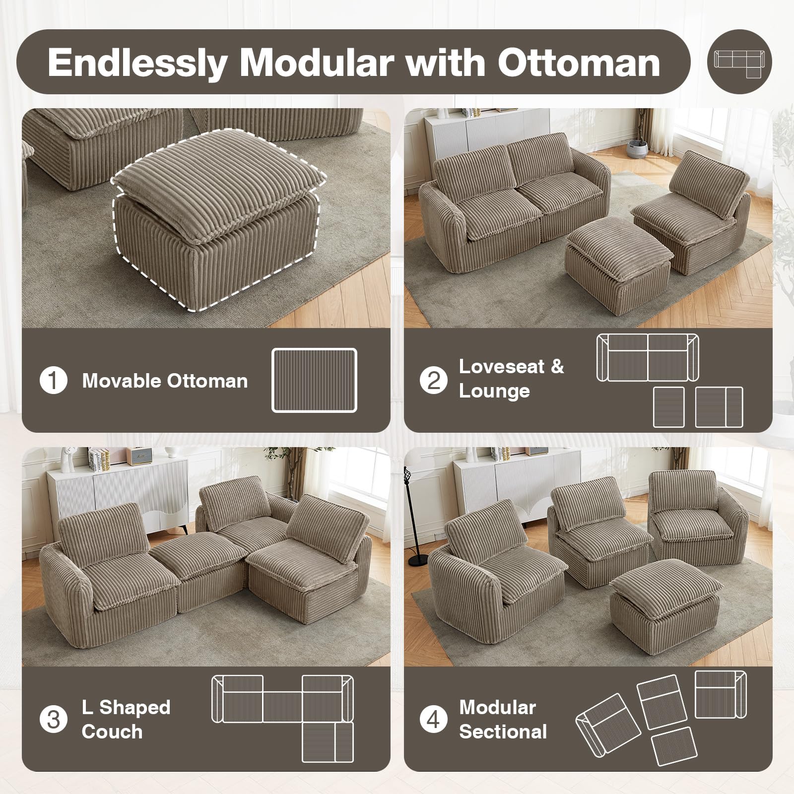 110'' Boneless Modular Cloud Couch for Living Room, Comfy Cloud Modular Sectional Couch with Ottoman, Convertible L Shaped Couches for Apartment, Dorm, No Assembly Required, Camel Corduroy