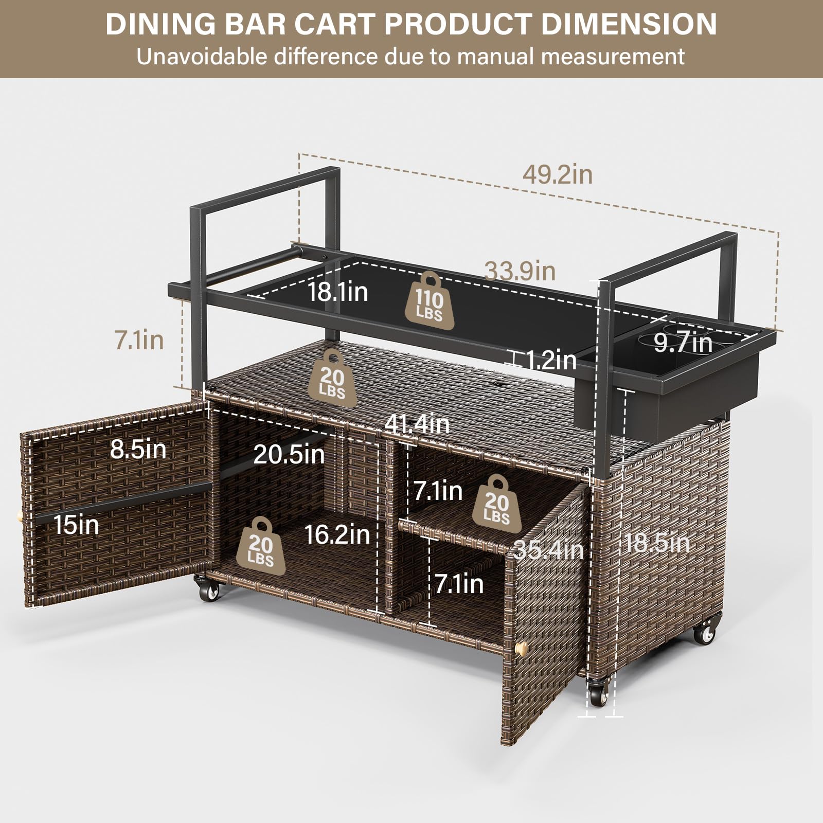 Wicker Outdoor Bar Cart with Storage Cabinet