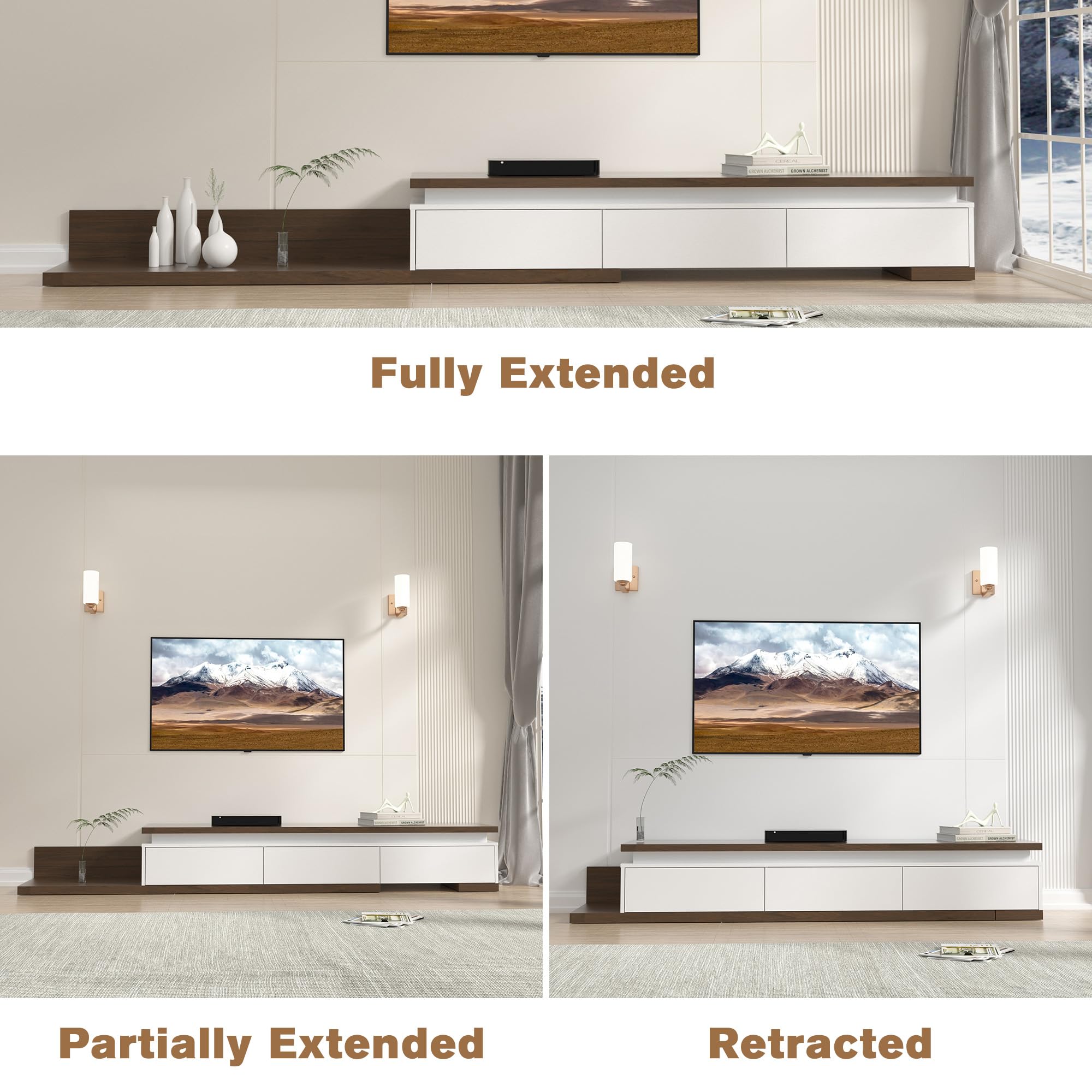 Extendable TV Stand with LED Lights and Storage Drawers