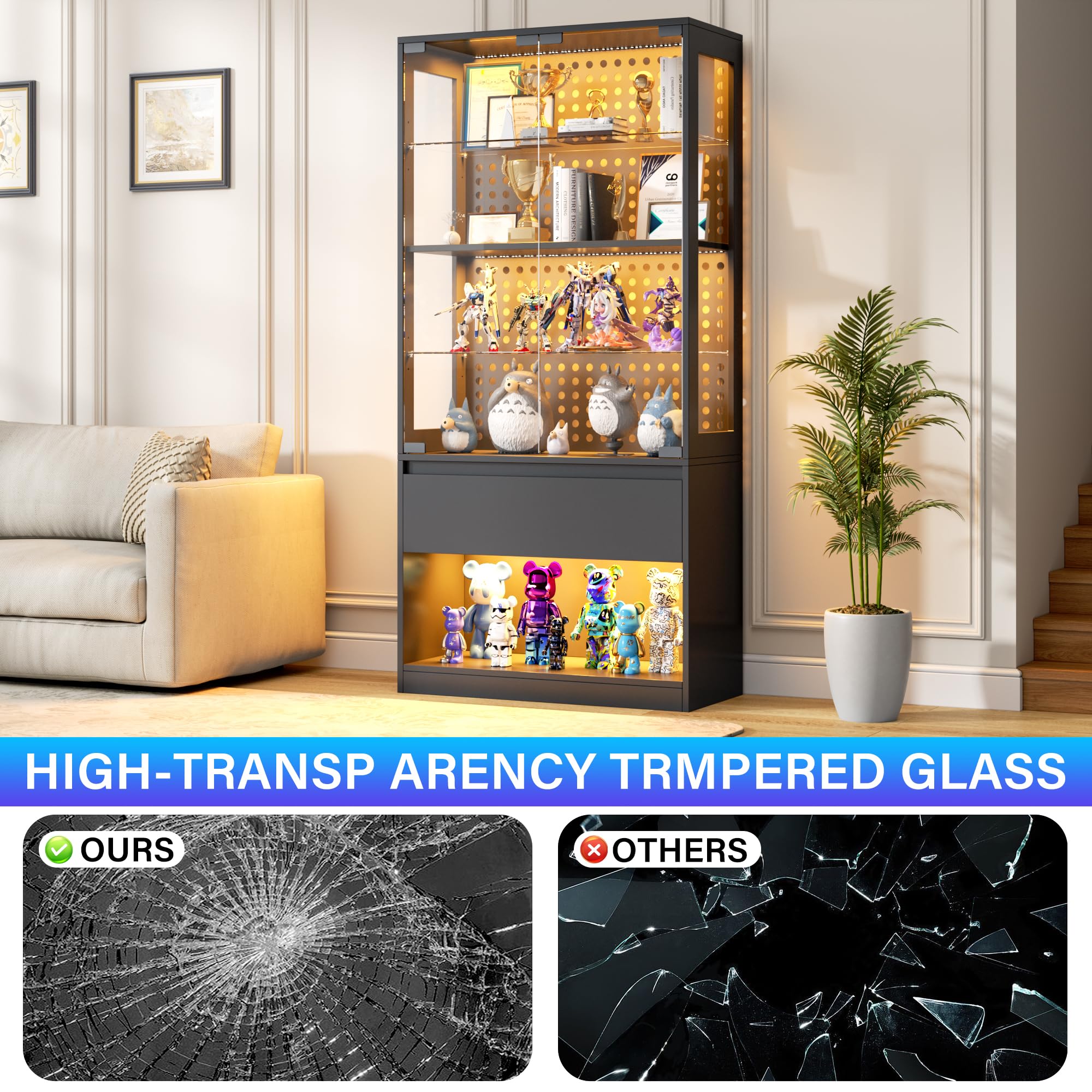 65" Glass Display Cabinet with LED Lights, Drawer & Pegboard
