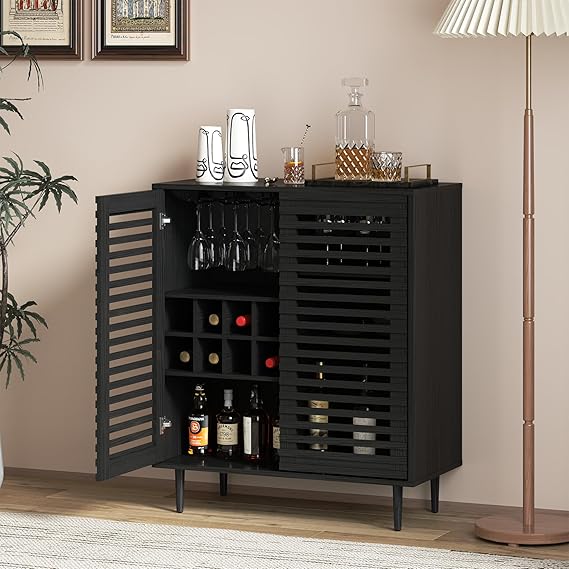 Mid Century Bar Cabinet with Wine Racks and Slatted Doors