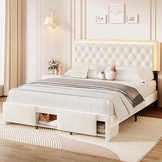 Queen Bed Frame with LED Headboard and Storage