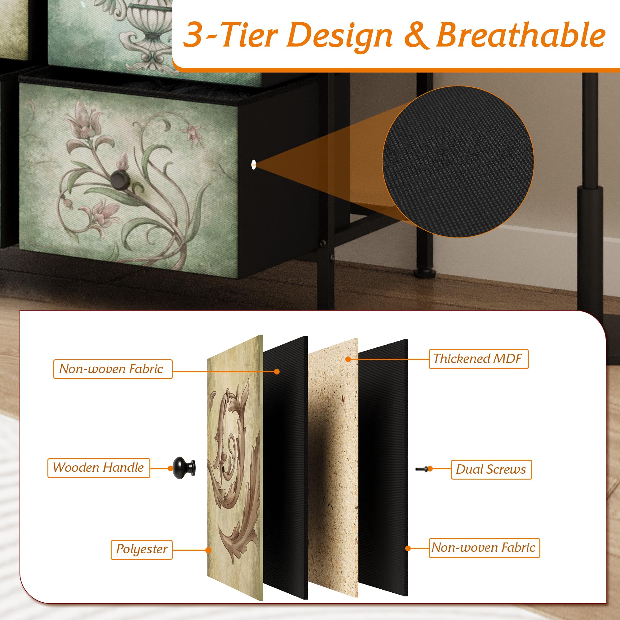 6 Drawer Fabric Dresser with Wooden Top