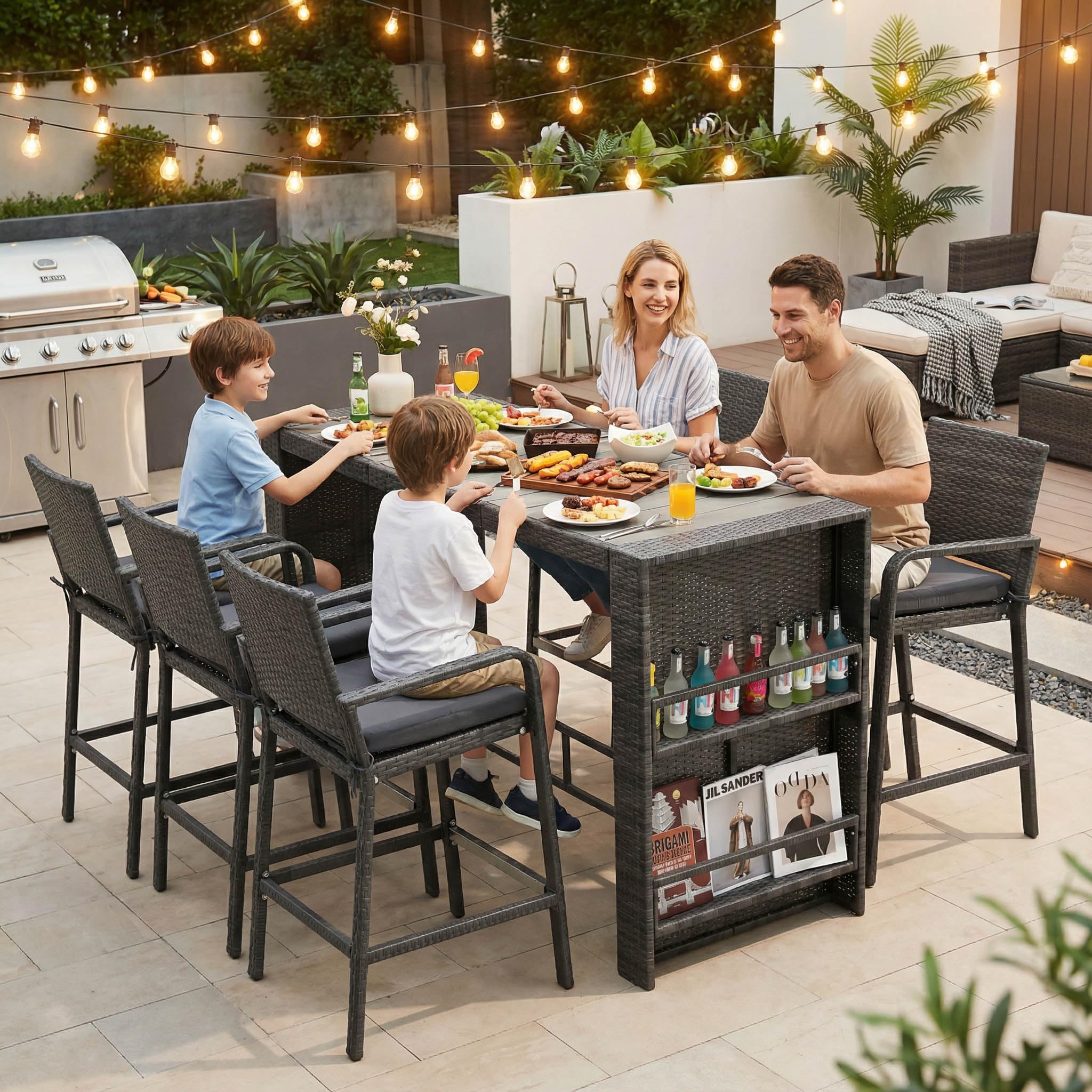 7-Piece Wicker Patio Bar Set with Storage