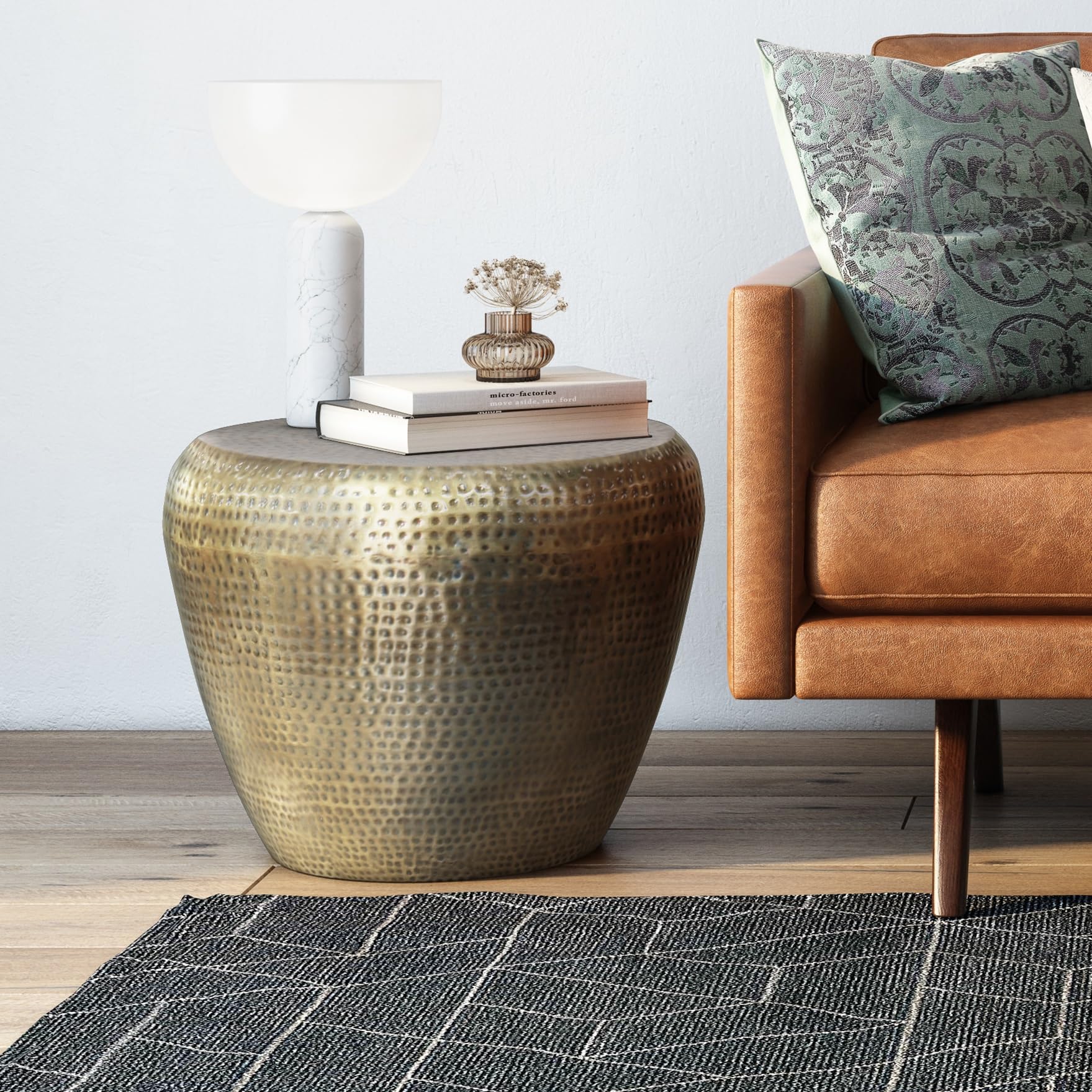 Modern Industrial Metal Side Table in Antique Gold - 22 Inch Wide