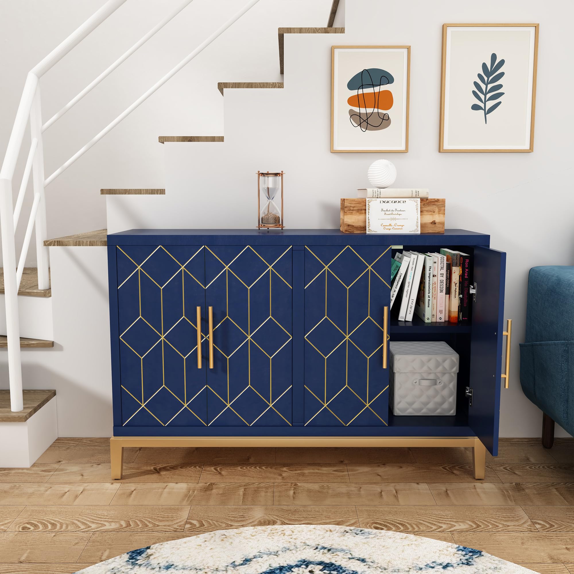 Blue Accent Cabinet with 4 Doors