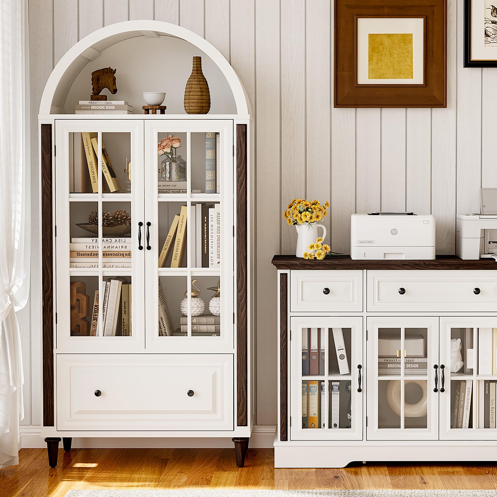 HOLCEPZN 71” Handcrafted Arched Bookcase, Filing Cabinet for Home Office, Wooden Display Cabinet with Glass Doors and Adjustable Shelves for Living Room, Dining Area, and Office, White