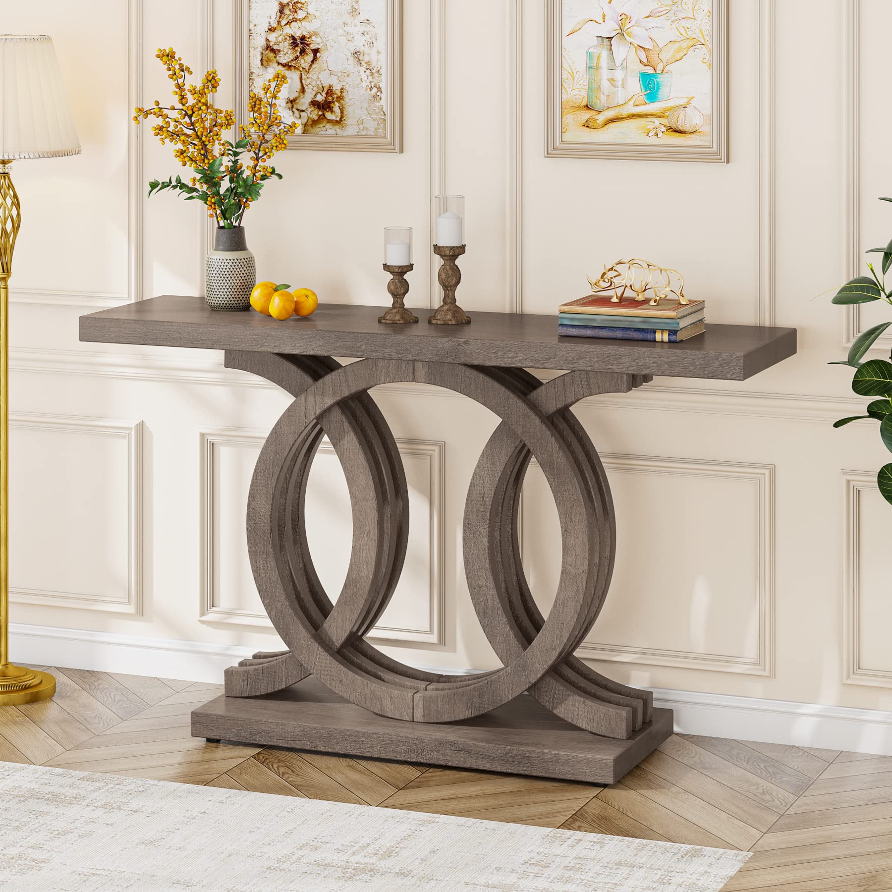 55" Wooden Console Table with Geometric Base