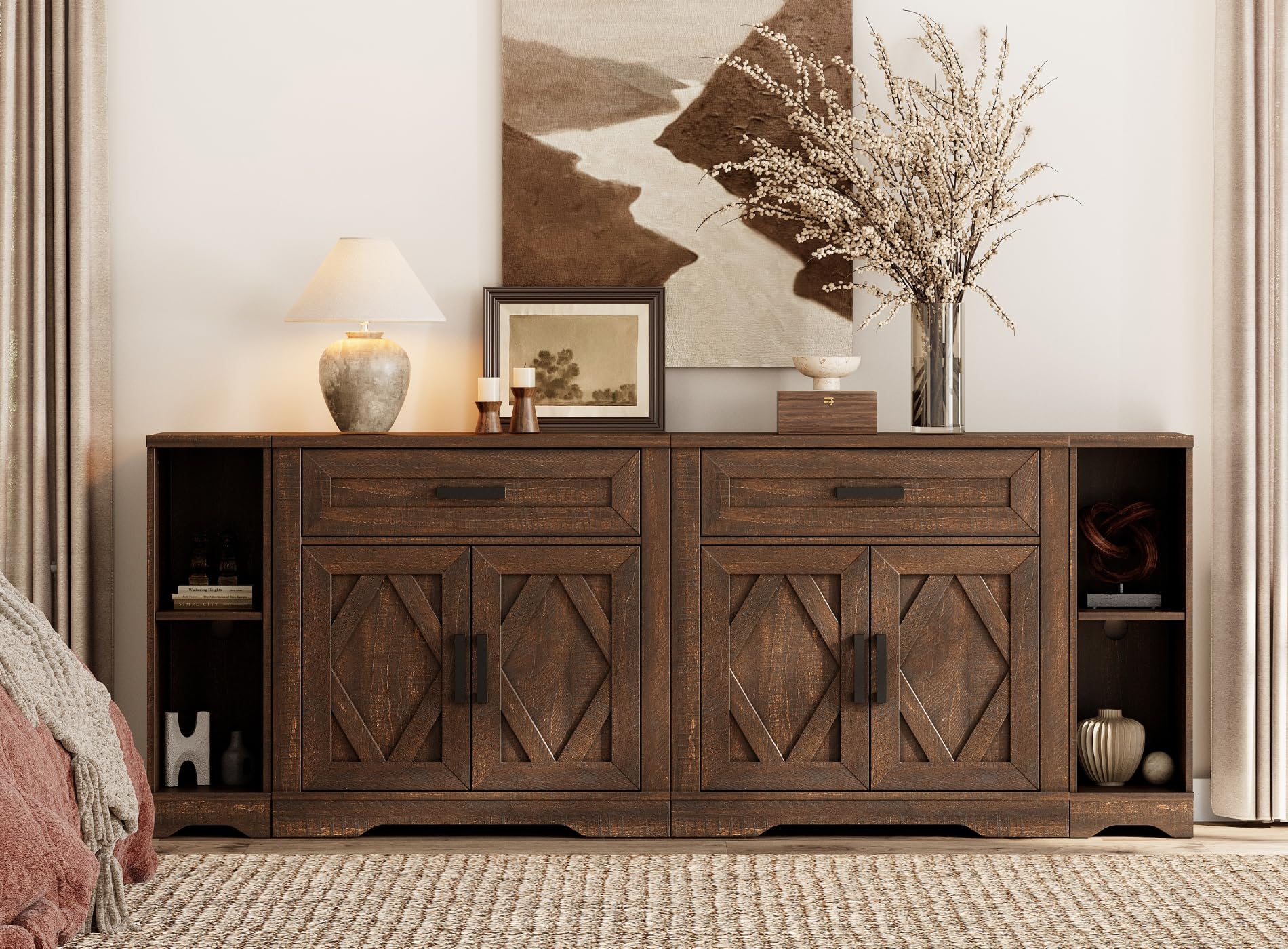 82.7" Farmhouse TV Stand with Barn Door Storage