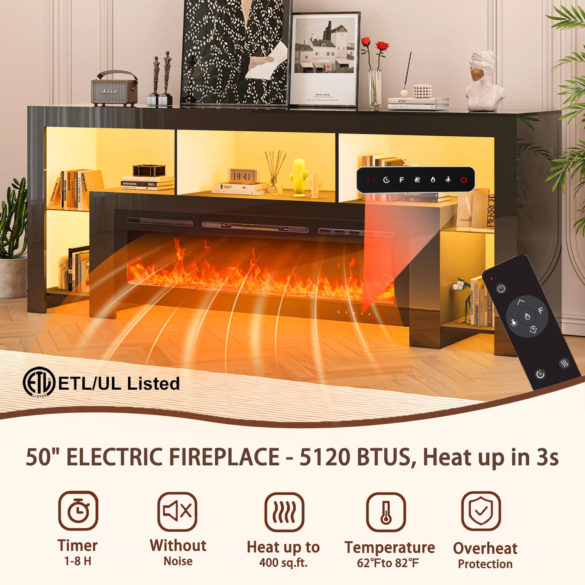 94.5" Fireplace TV Stand with 50" Electric Fireplace and LED Lighting