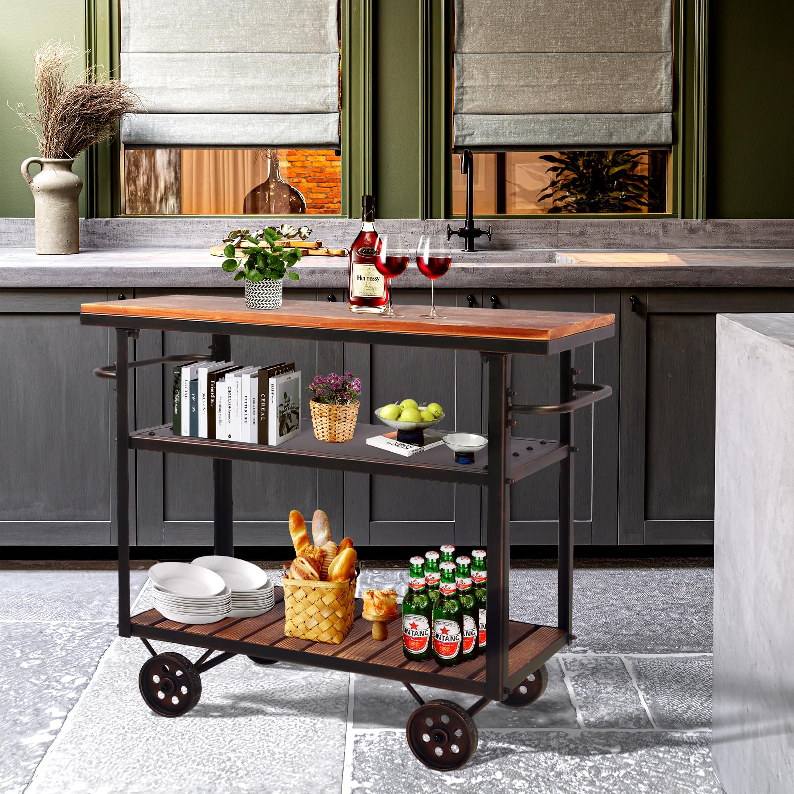 Industrial Bar Cart with Wheels - 3-Tier Metal Serving Cart