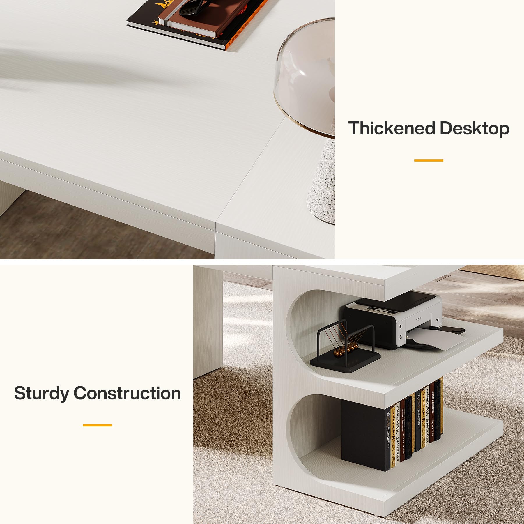 63 Inch White Executive Office Desk with Storage Shelves