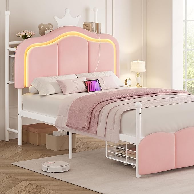 Full Velvet LED Canopy Bed with Storage