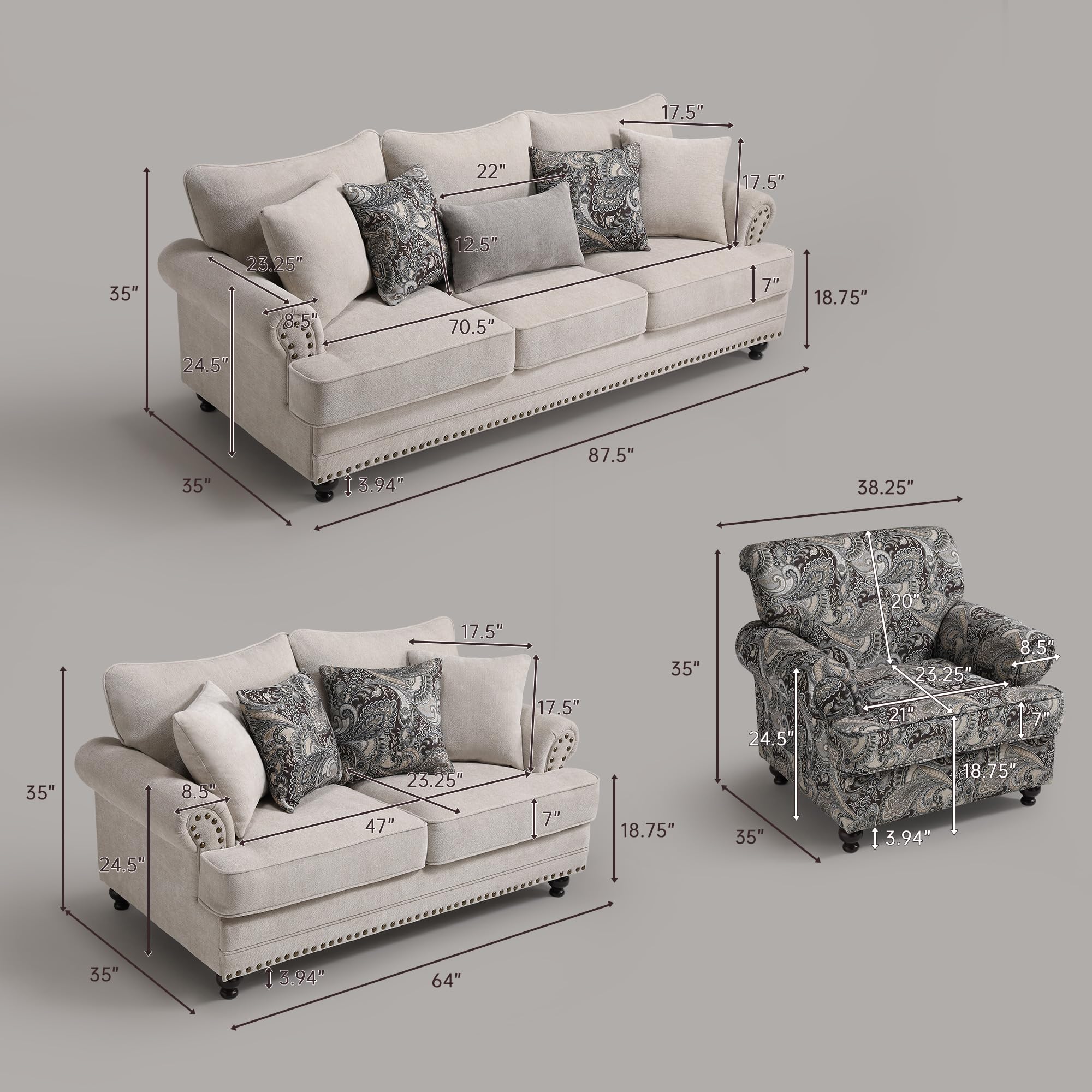 3-Piece Chenille Living Room Set with Nailhead Trim