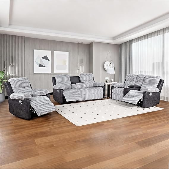 Reclining Sofa Sets, 3 Seater Reclining Couch and Loveseat with Coffee Table, Storage Console, Cup Holders, Corduroy Manual Oversized Recliner Chair with Soft Cushion for Living Room (Black,3PCS)