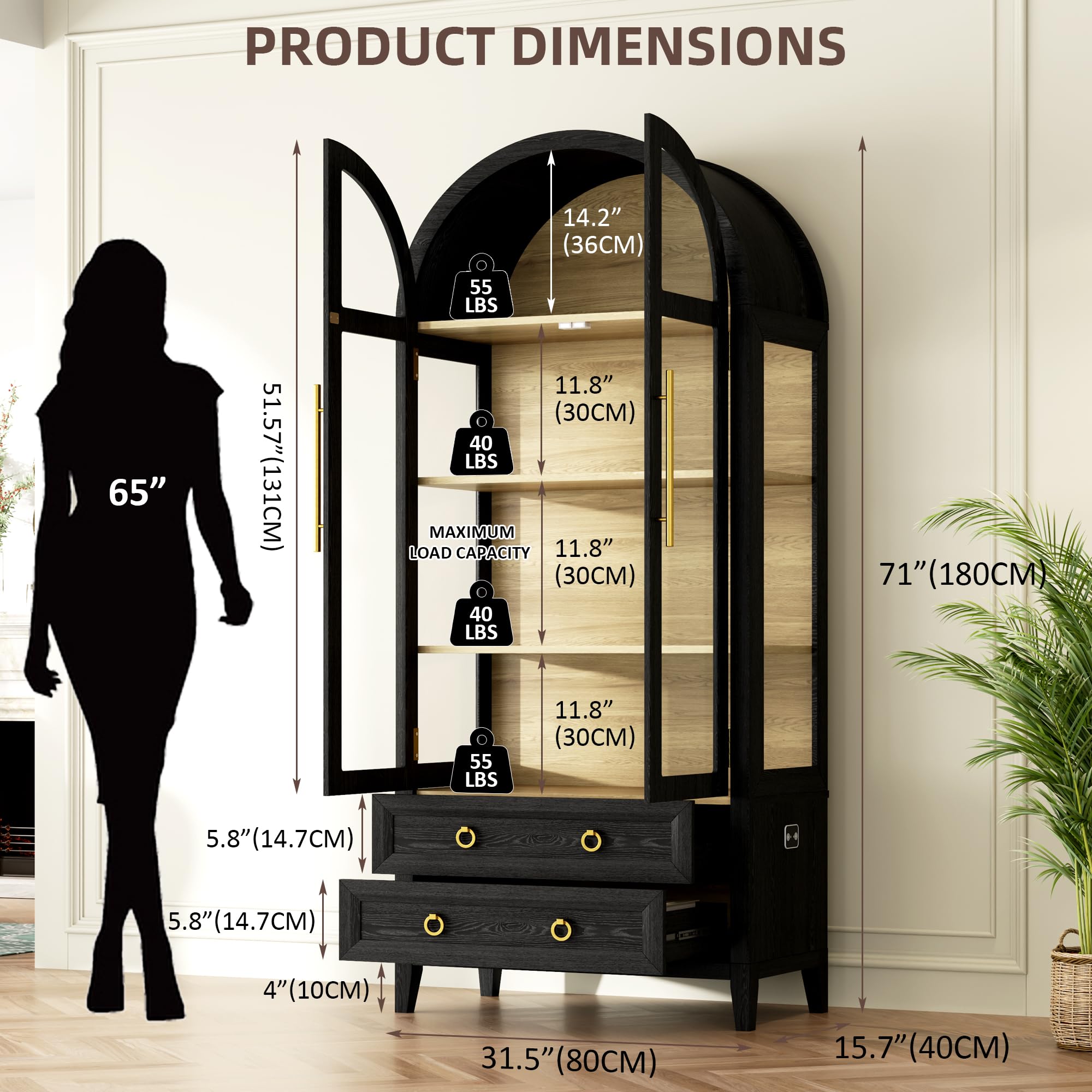 71" Arched Display Cabinet with LED Lights and Glass Doors