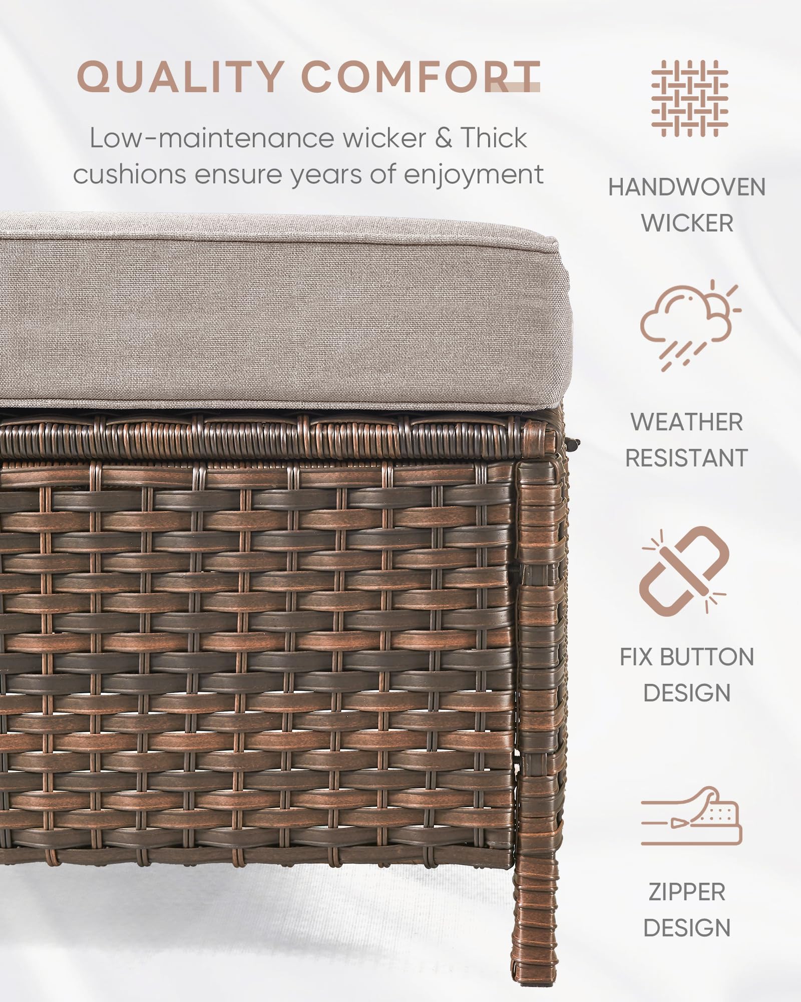 2-Piece Outdoor Wicker Ottoman Side Table Set - Brown Rattan Footrest Bench