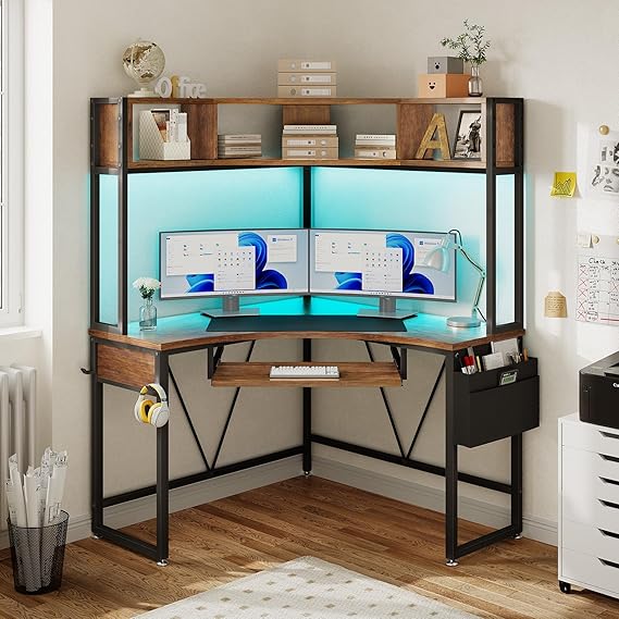 Corner Desk with Hutch and LED Lights
