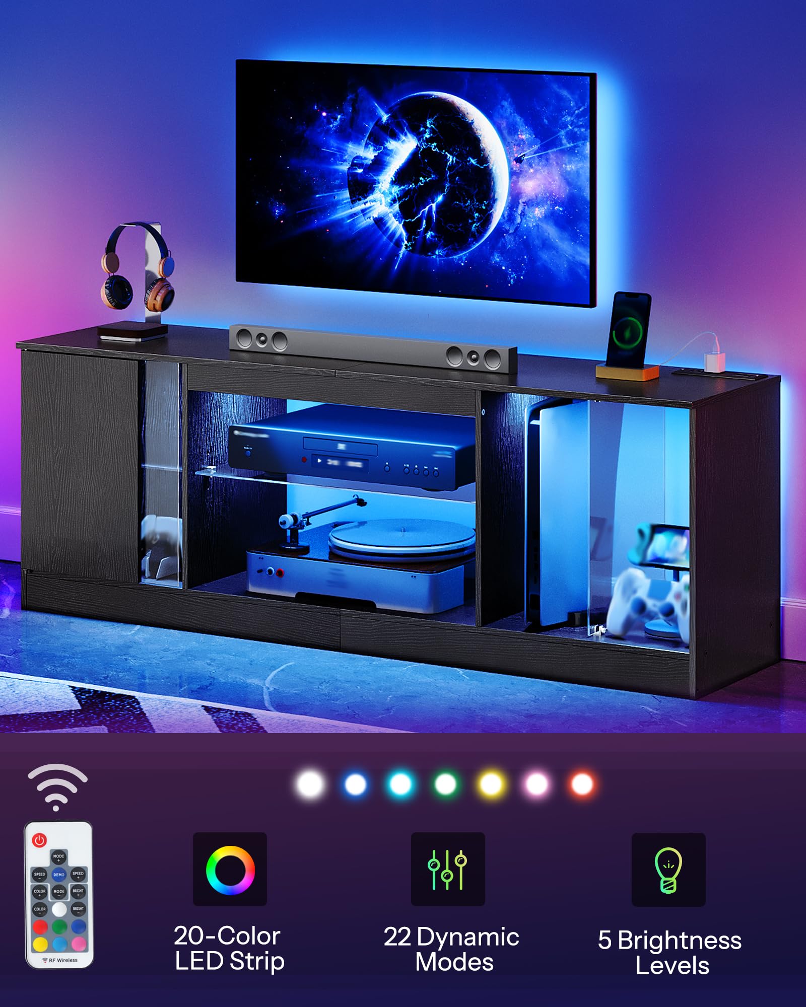55 Inch TV Stand with LED Lights and Power Outlets
