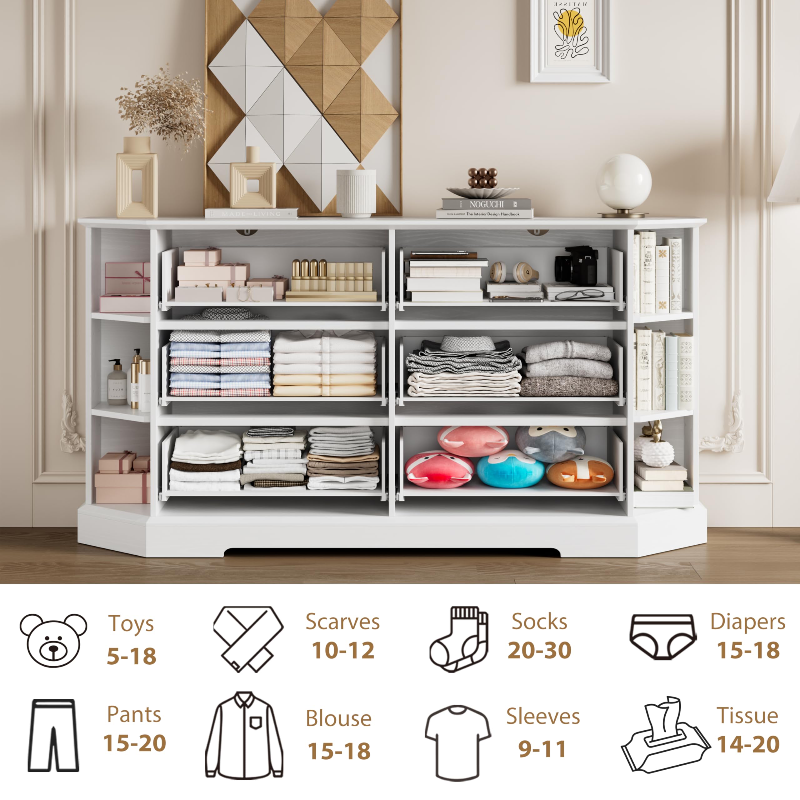 Extra Wide 63" 6 Drawer 6 Cube Dresser with Open Shelves