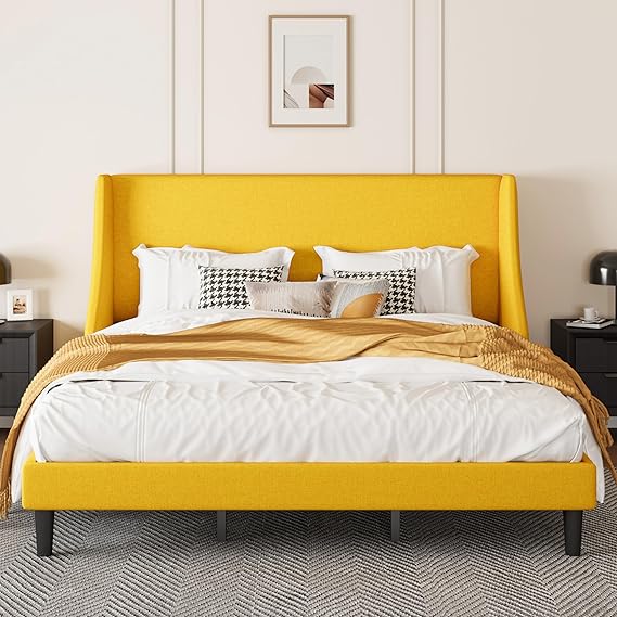 Upholstered King Bed Frame with Wingback Headboard