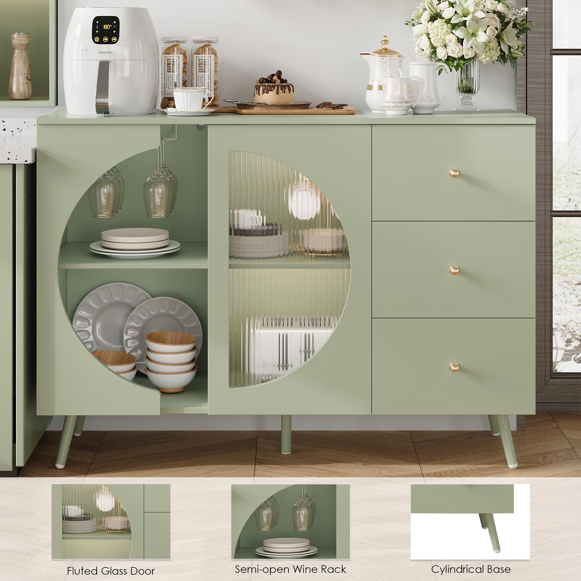 Coffee Bar Cabinet with Fluted Glass Door and Wine Rack