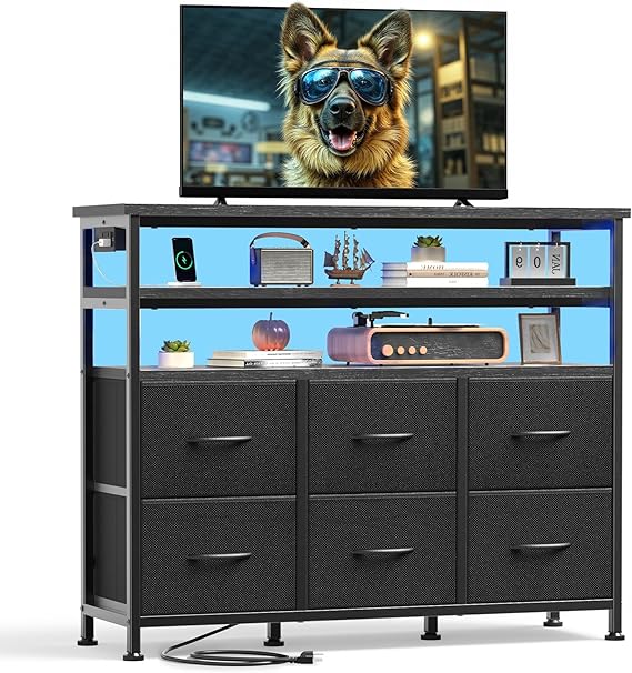 TV Stand with LED Lights and Charging Station