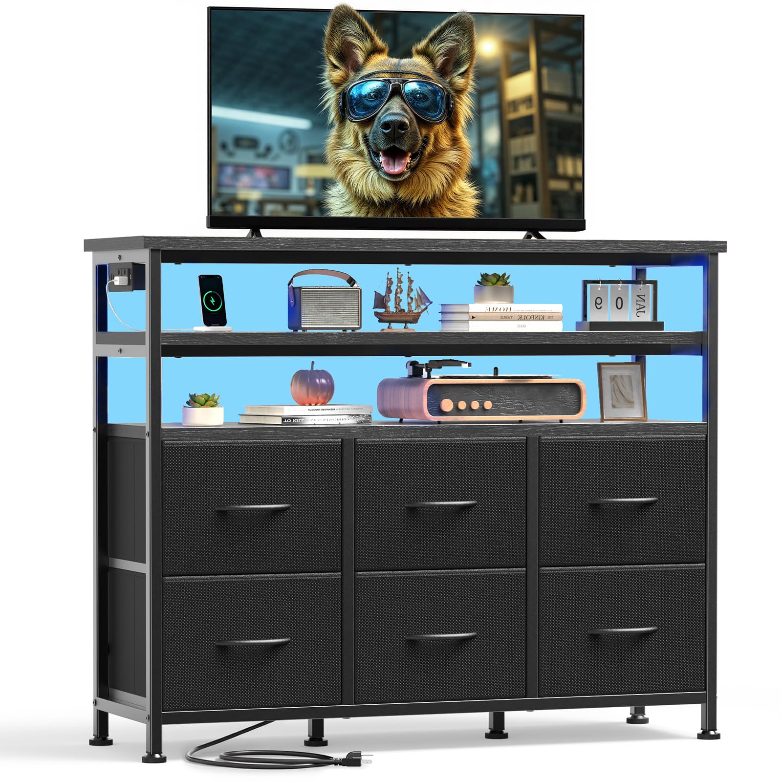 TV Stand with LED Lights and Charging Station