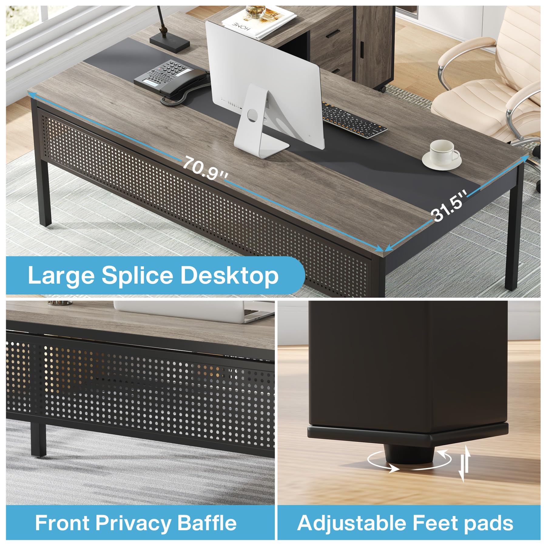 70.8" L-Shaped Executive Office Desk with File Cabinet Combo