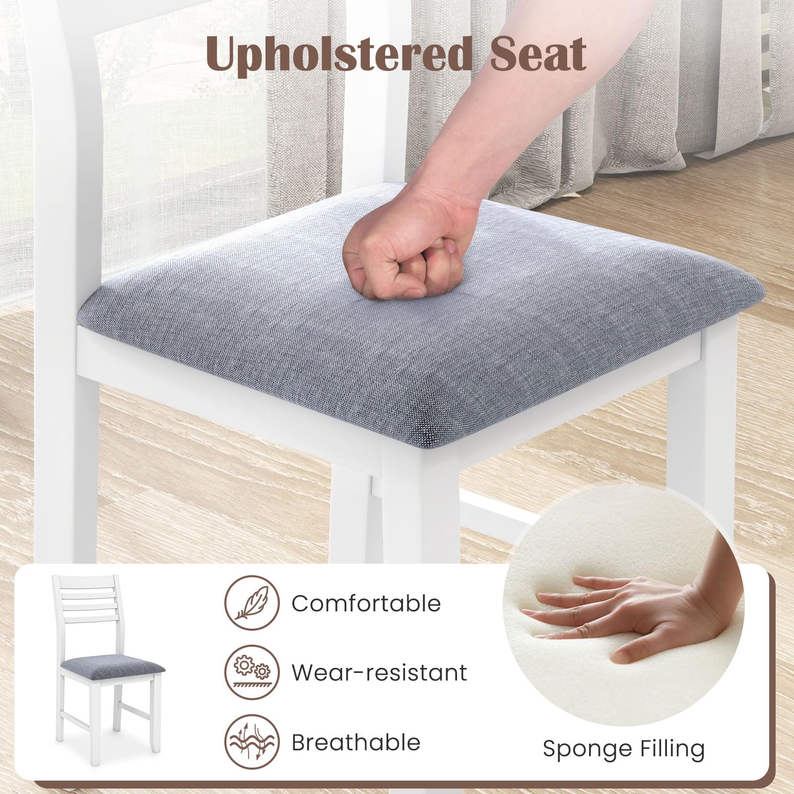 Set of 2 White Upholstered Dining Chairs with Padded Seat