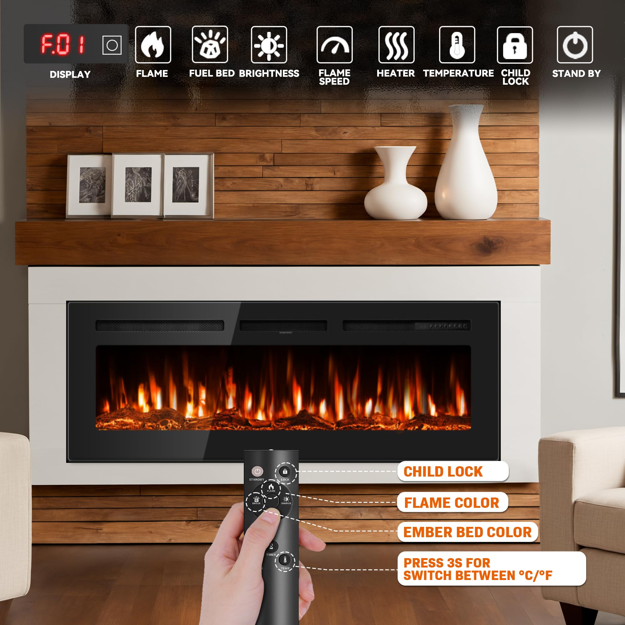 60 Inch Electric Fireplace Recessed Wall Mount