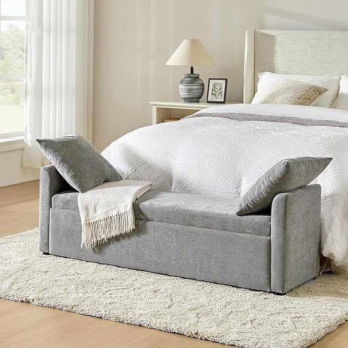 59.4" Modern Storage Bench with Throw Pillows - Beige Upholstered Ottoman