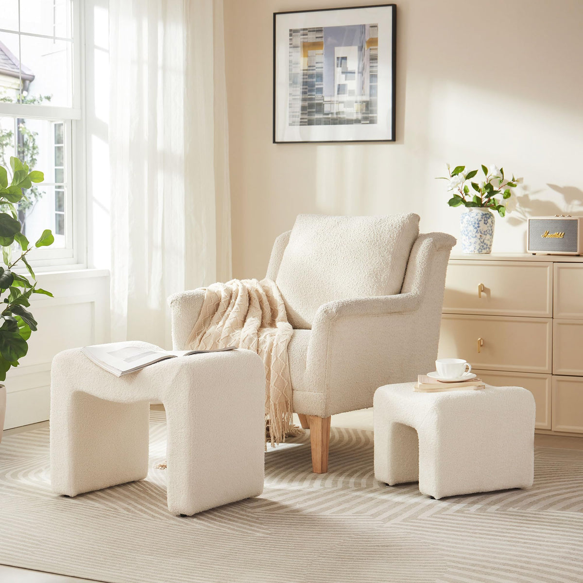 Small Footstool Ottoman Vanity Stool Set White Teddy Velvet 2-in-1
