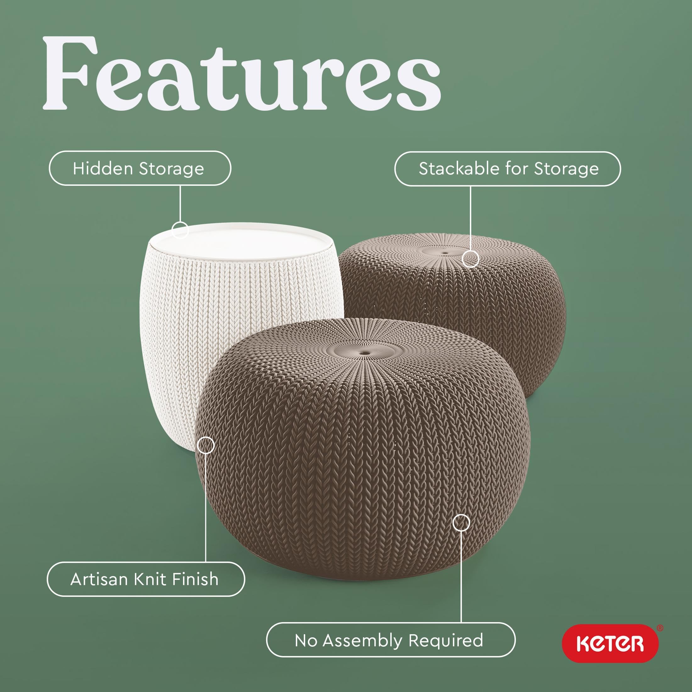 Urban Knit Pouf Ottoman Set with Storage Table - Outdoor Seating