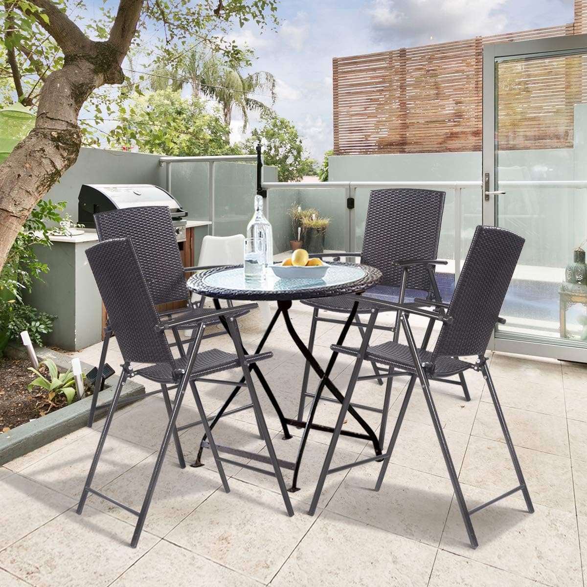 Folding Rattan Bar Stools Set of 4 with Armrests