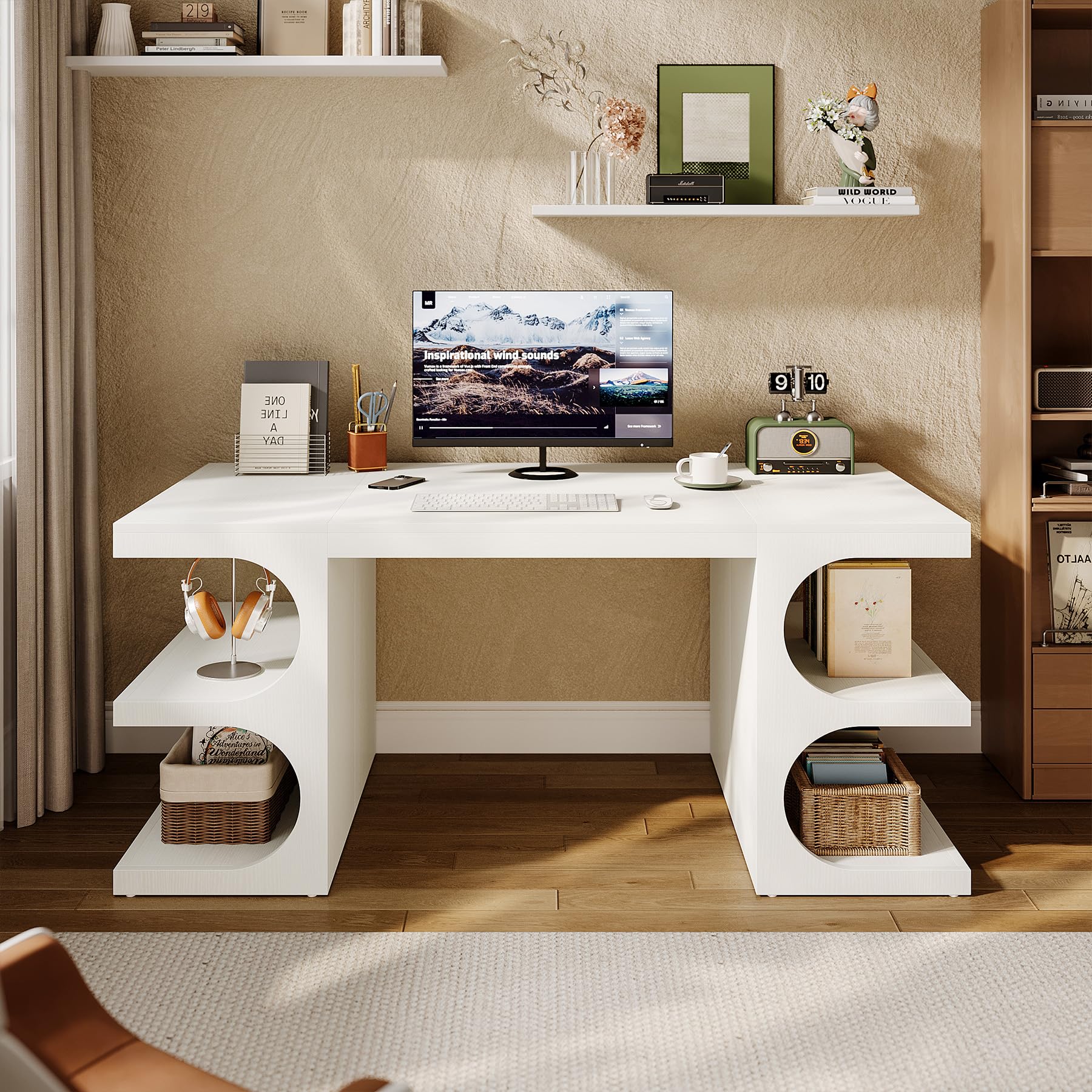 63 Inch White Executive Office Desk with Storage Shelves