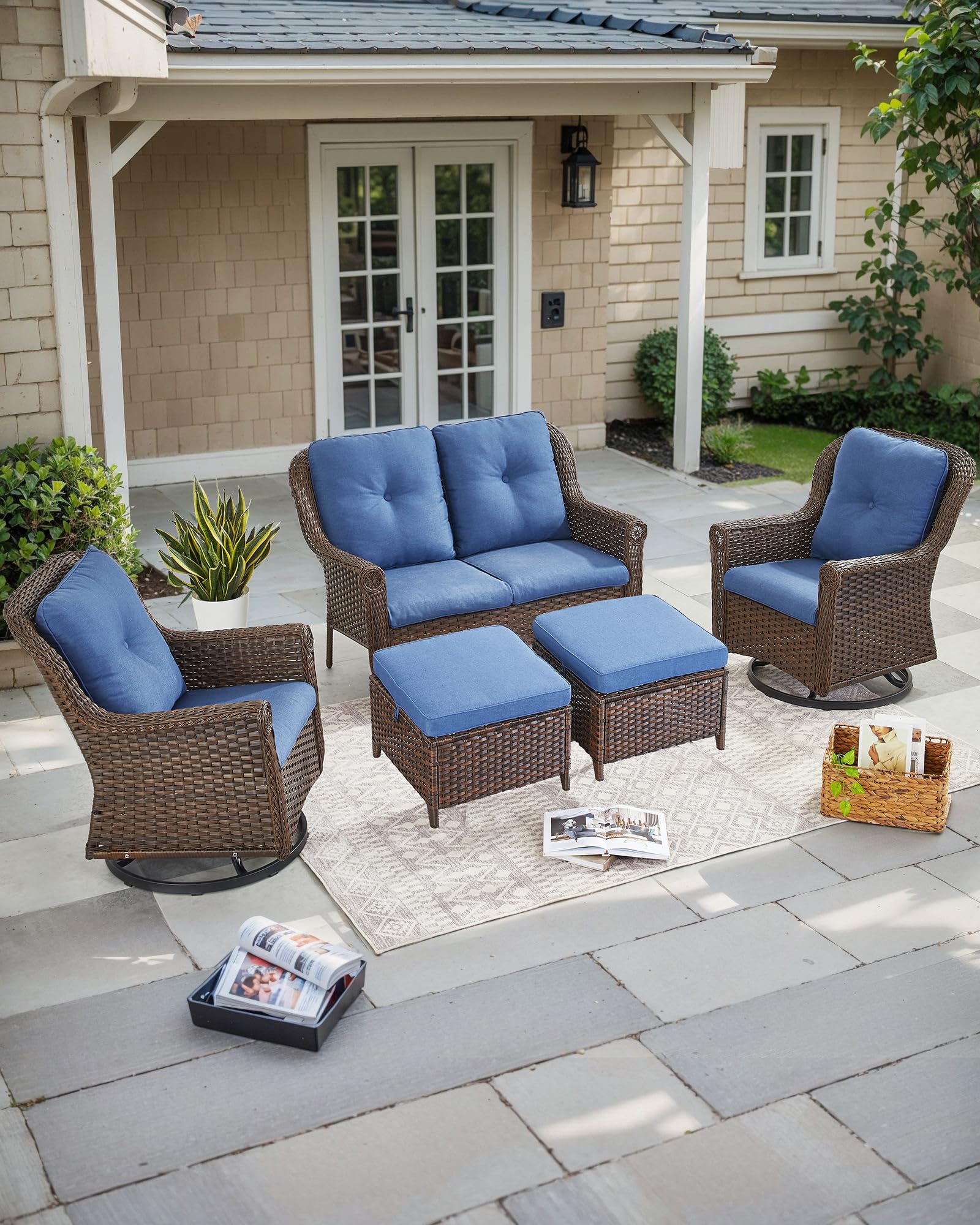 Outdoor Wicker Ottoman Set - 2 Piece Navy Blue