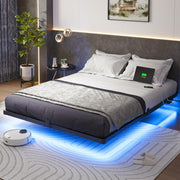 Queen Size Floating Bed Frame with USB Charging Station and LED Lights