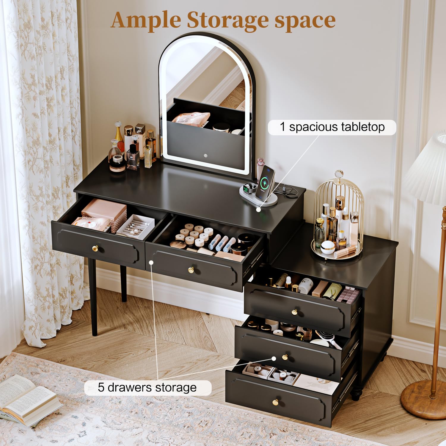 Black Vanity Desk with Mirror and Lights