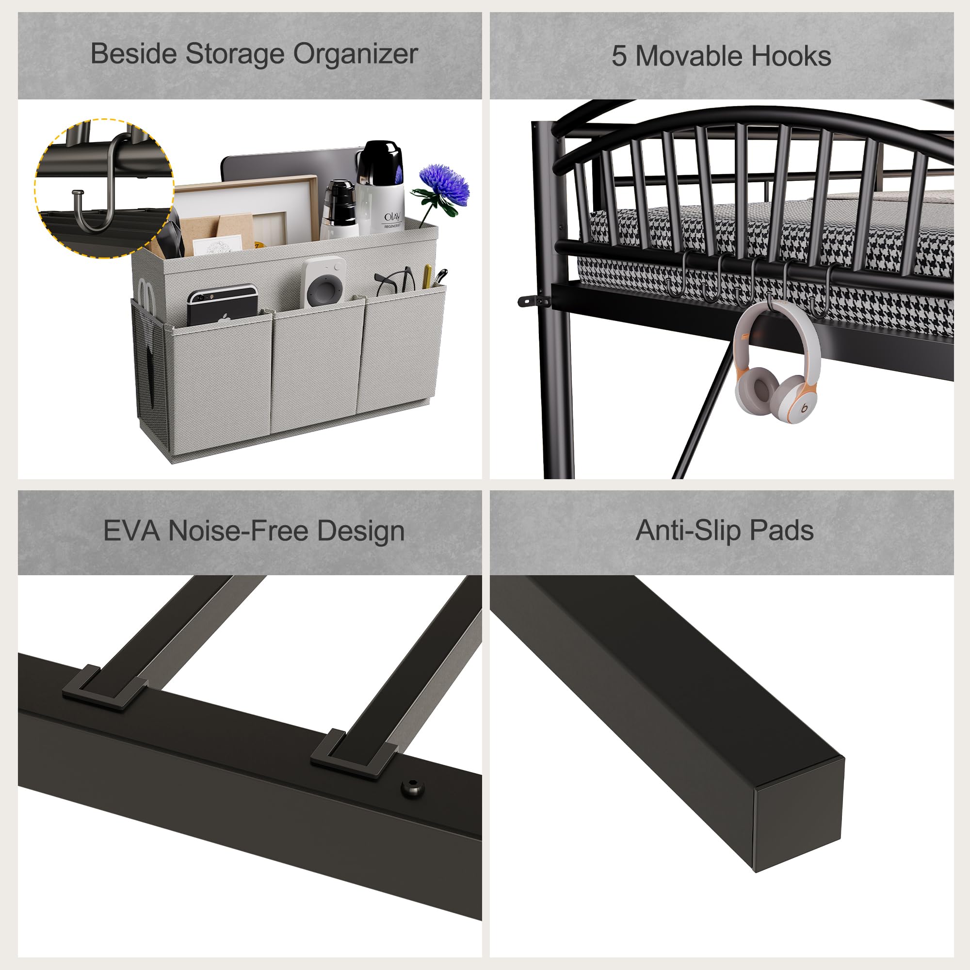 Metal Loft Bed Twin Size with Bedside Caddy and Convertible Ladder