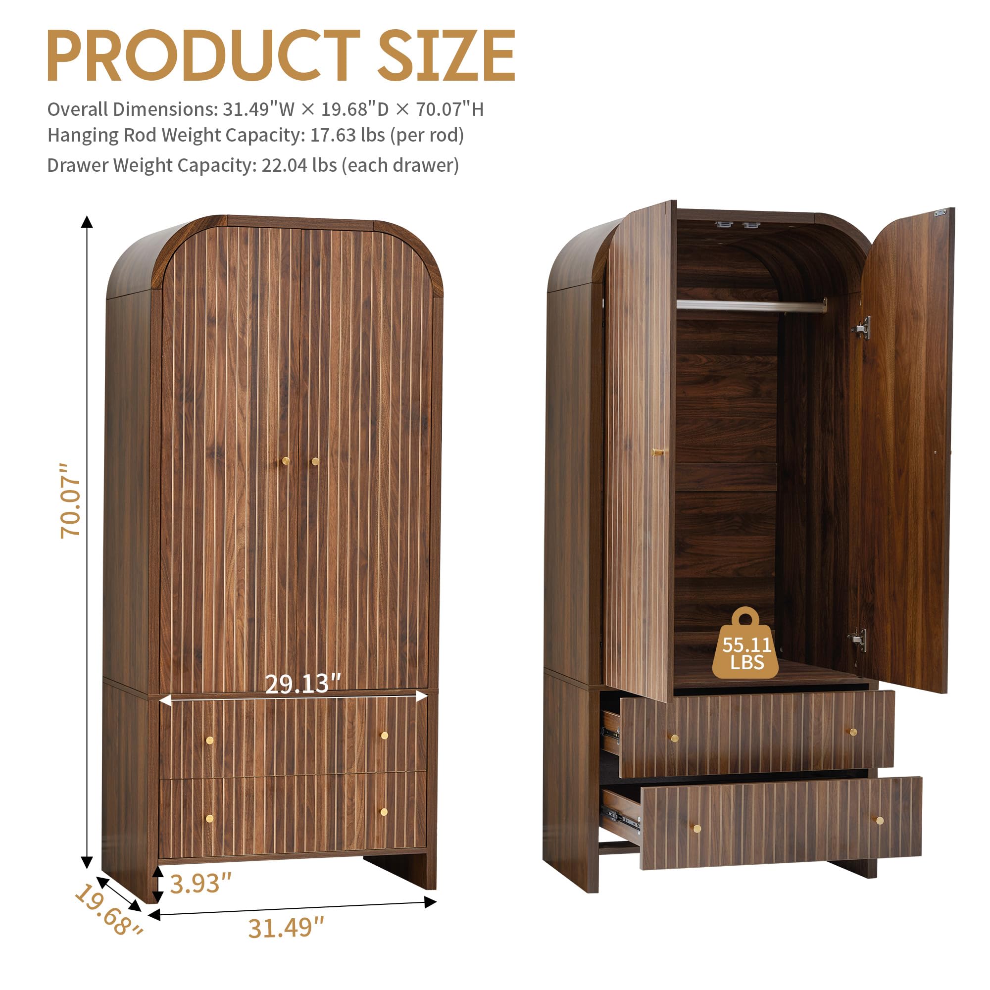 Arched Armoire Wardrobe Closet with Hanging Rod and 2 Drawers