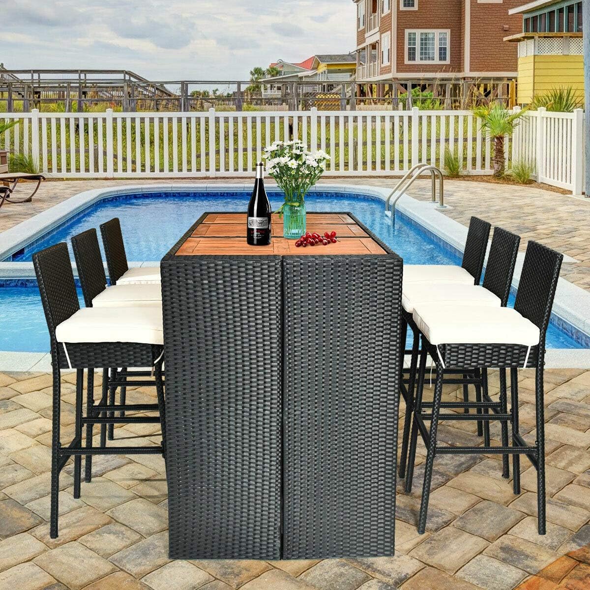 7-Piece Outdoor Wicker Dining Set with Acacia Wood Bar Table