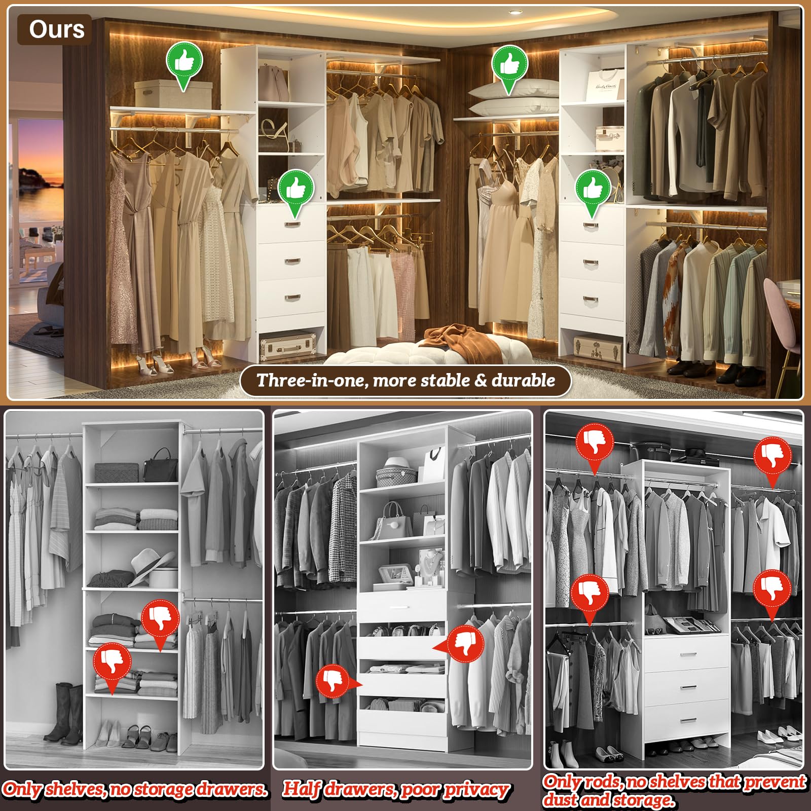 8FT Wall Mount Closet Organizer System with 3 Hanging Rods and Drawers