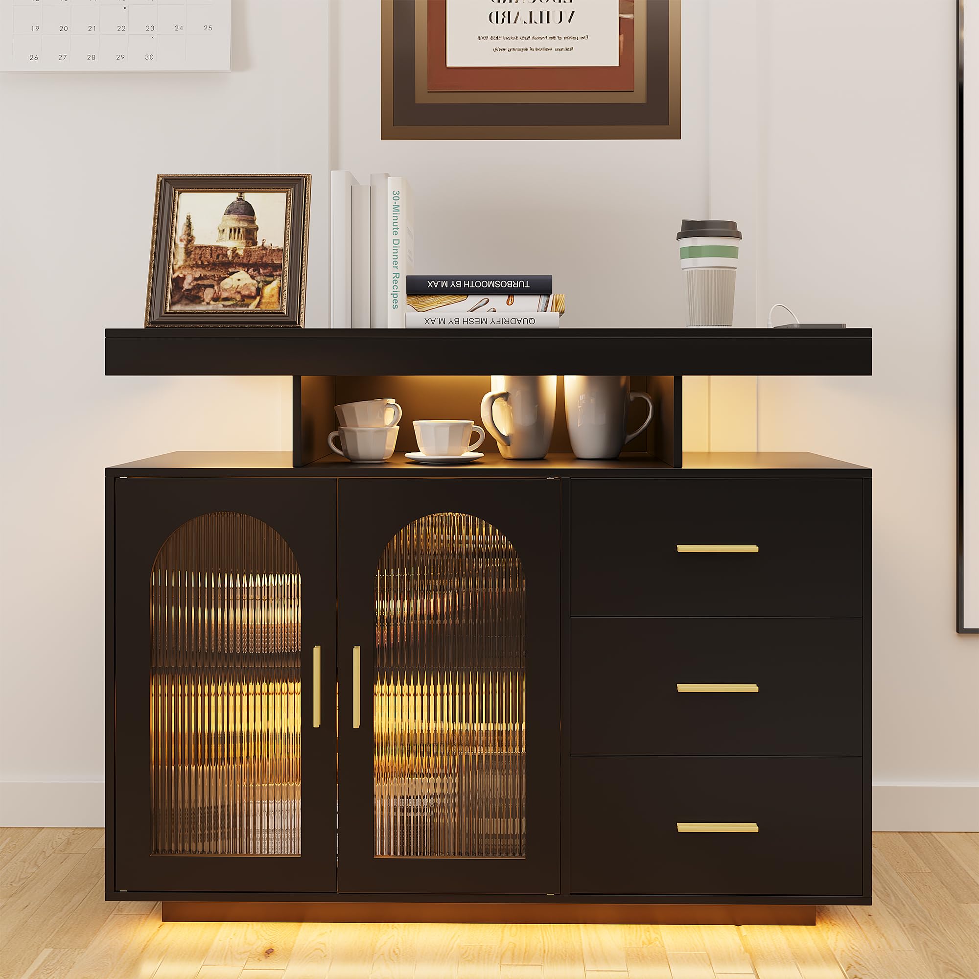 LED Coffee Bar Cabinet with Charging Station