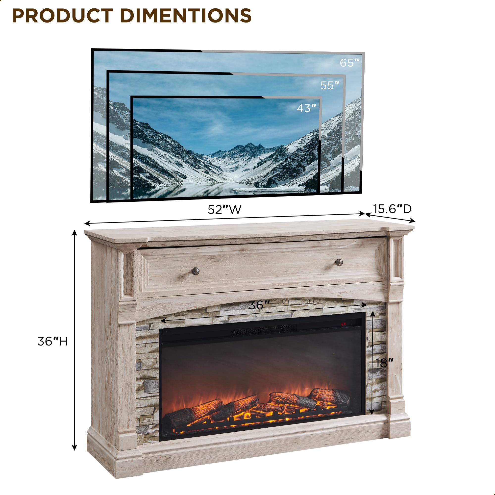 52" Electric Fireplace TV Stand with Mantel and Storage