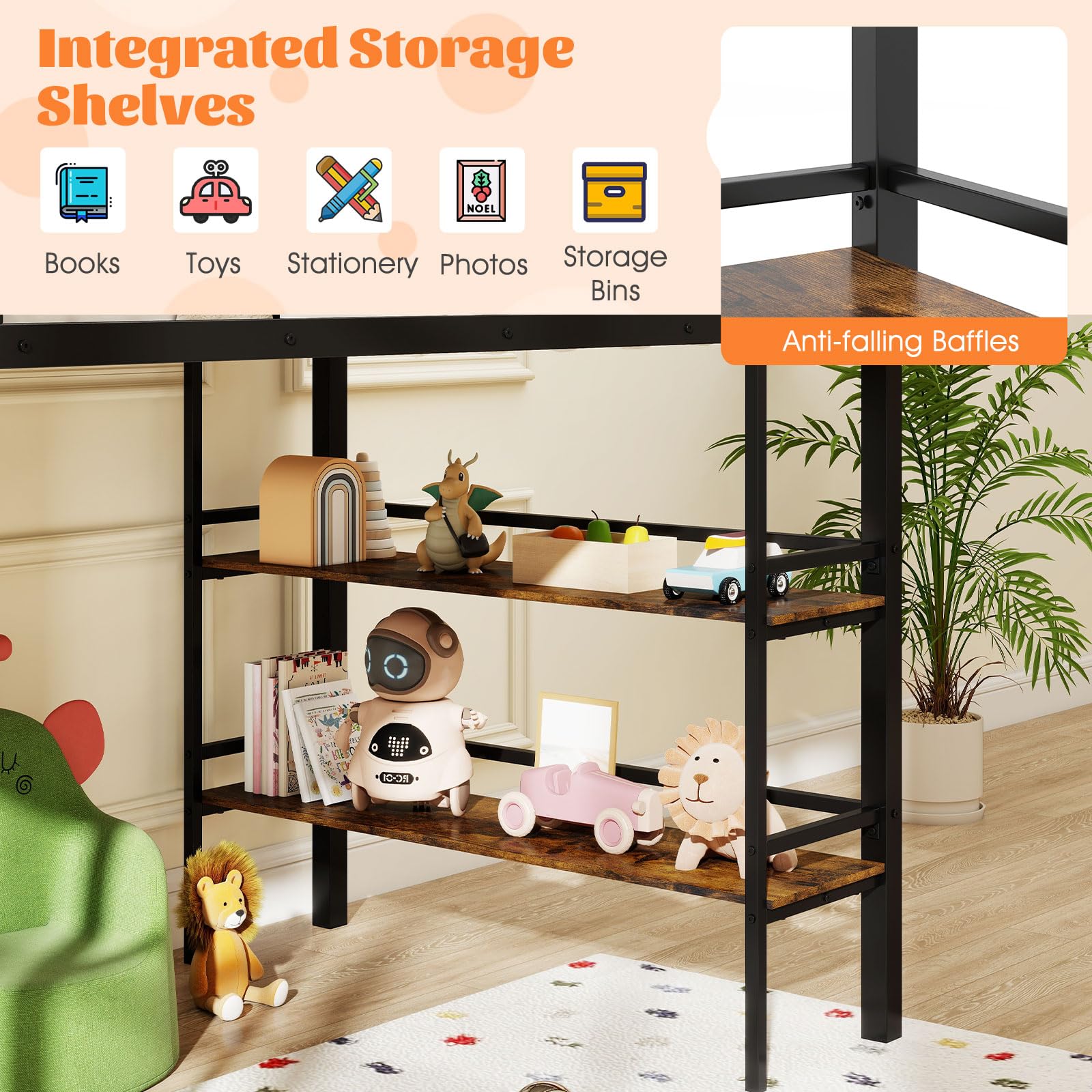 Low Loft Bed Twin Size with Storage Shelves and Ladder