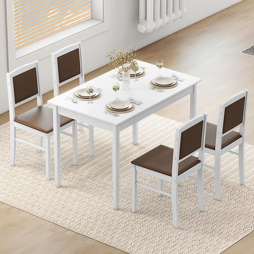 Solid Wood Dining Table Set for 4 with Farmhouse Apron Design